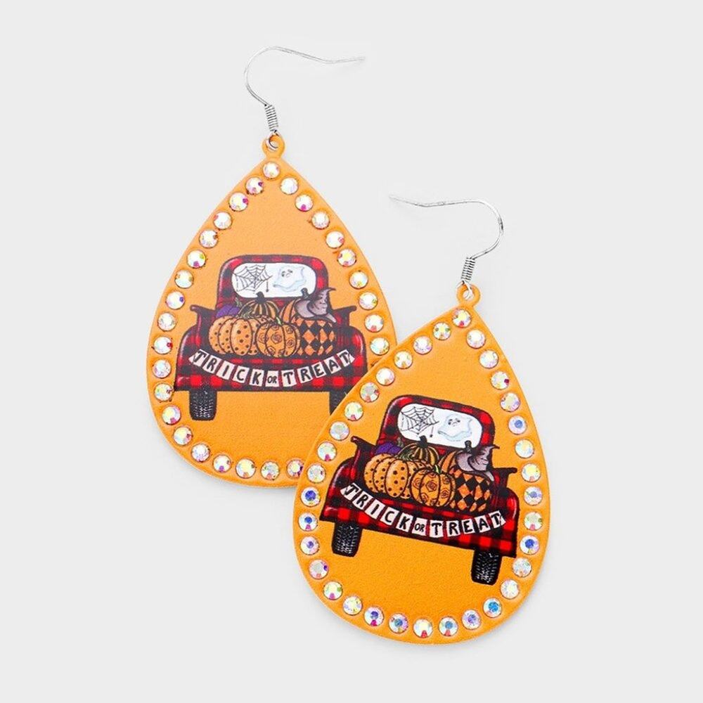 Trick or Treat Bling Halloween Metal‎ Teardrop Earrings Buffalo Plaid Truck